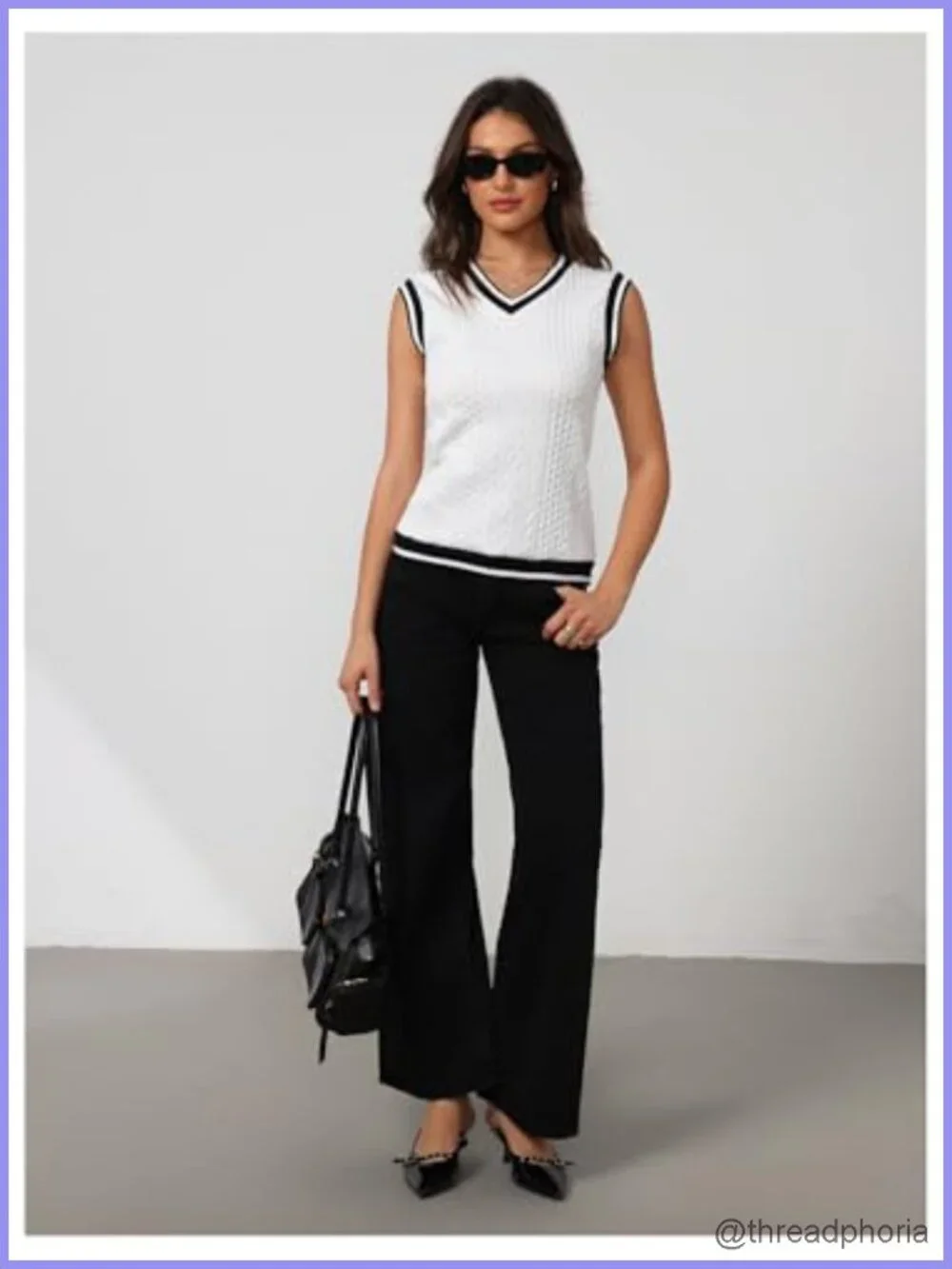 Women's Striped V-Neck Sleeveless Cable Knit Sweater Vest Tank Top